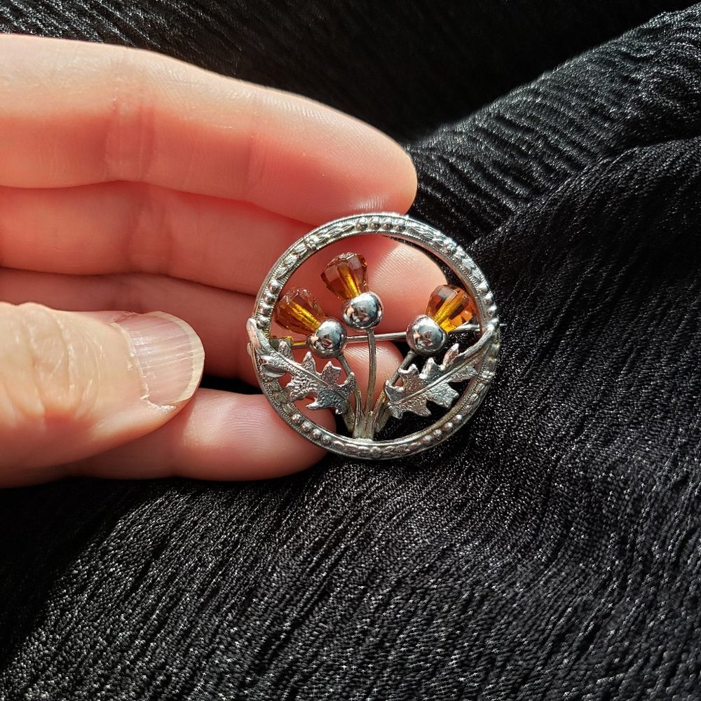 Vintage Silver Scottish Thistle Brooch Pin | Celtic |  Amber Orange Stone